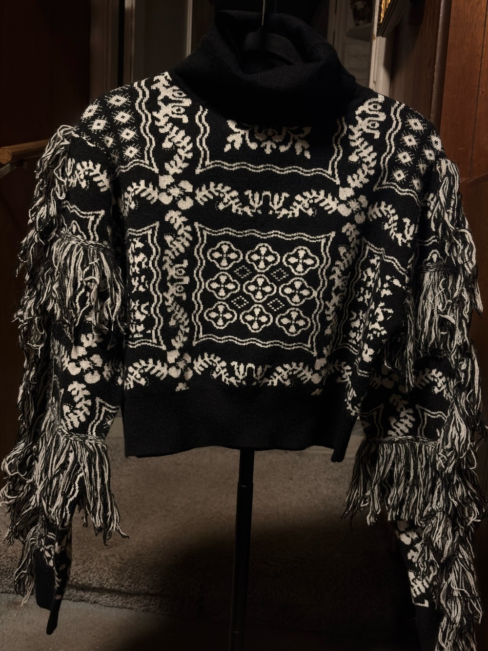 AKIRA Black and White Fringe Turtleneck Sweater